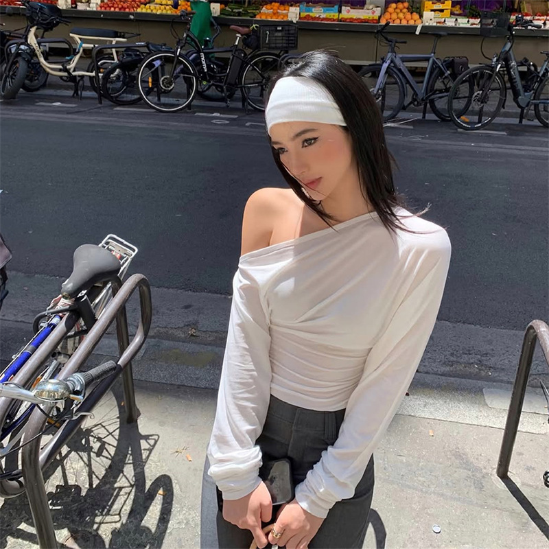 Women'S Fashion Winter 2026 - 2026 Damen One-Shoulder-Top Langarm-T-Shirt Asymmetrisch Gerafft