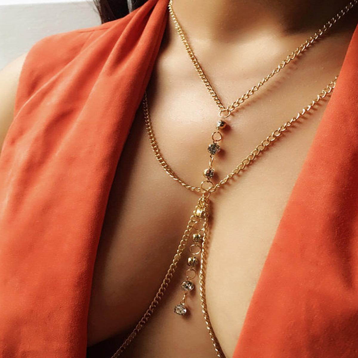 Women'S Fashion Harness - Runde Kristall Brust Kette Niedrige Taille